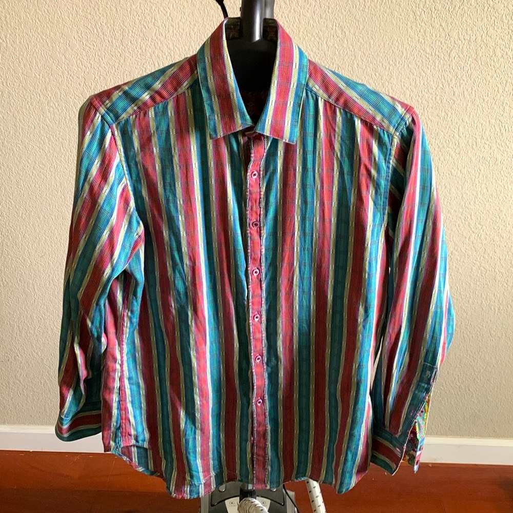 Robert Graham 75% Cotton & 25% Silk Multicolored Stripe Casual Statement Shirt.